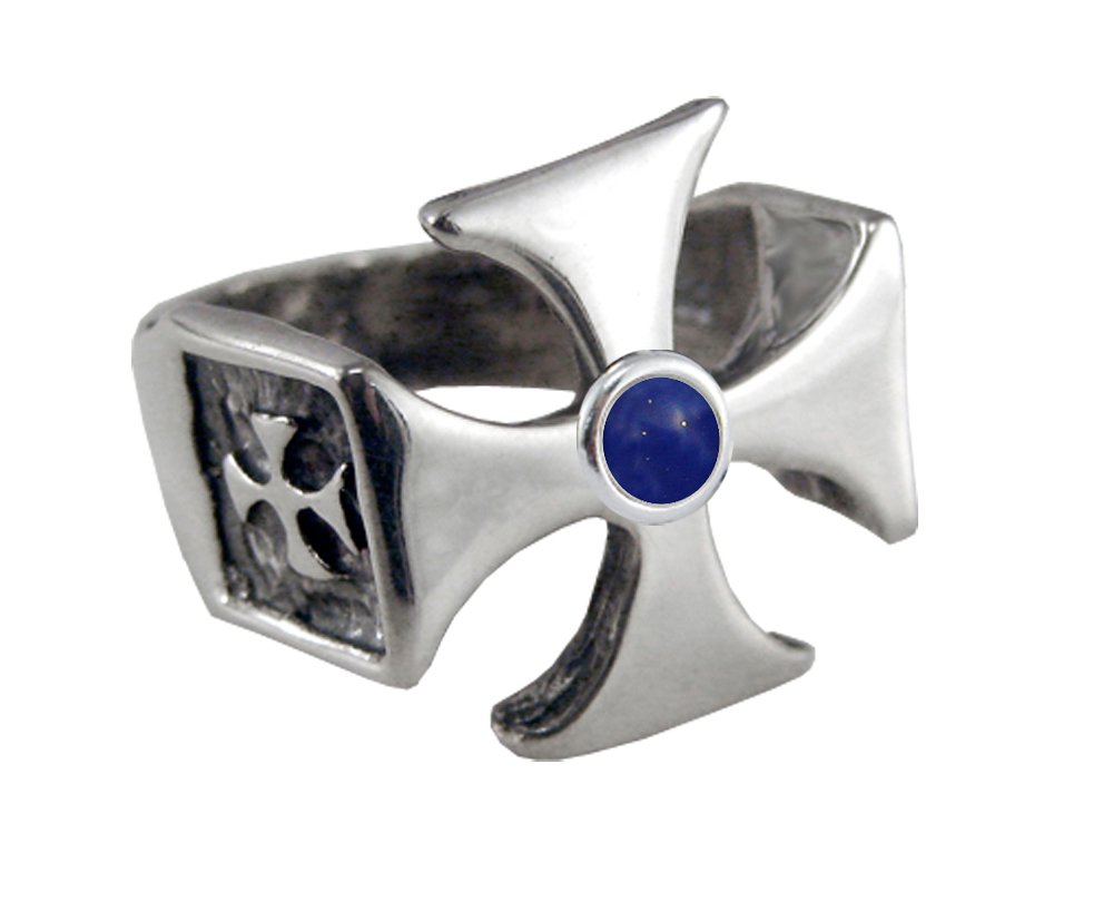 Sterling Silver Iron Cross Ring With Lapis Lazuli For a Man or Woman Size 6